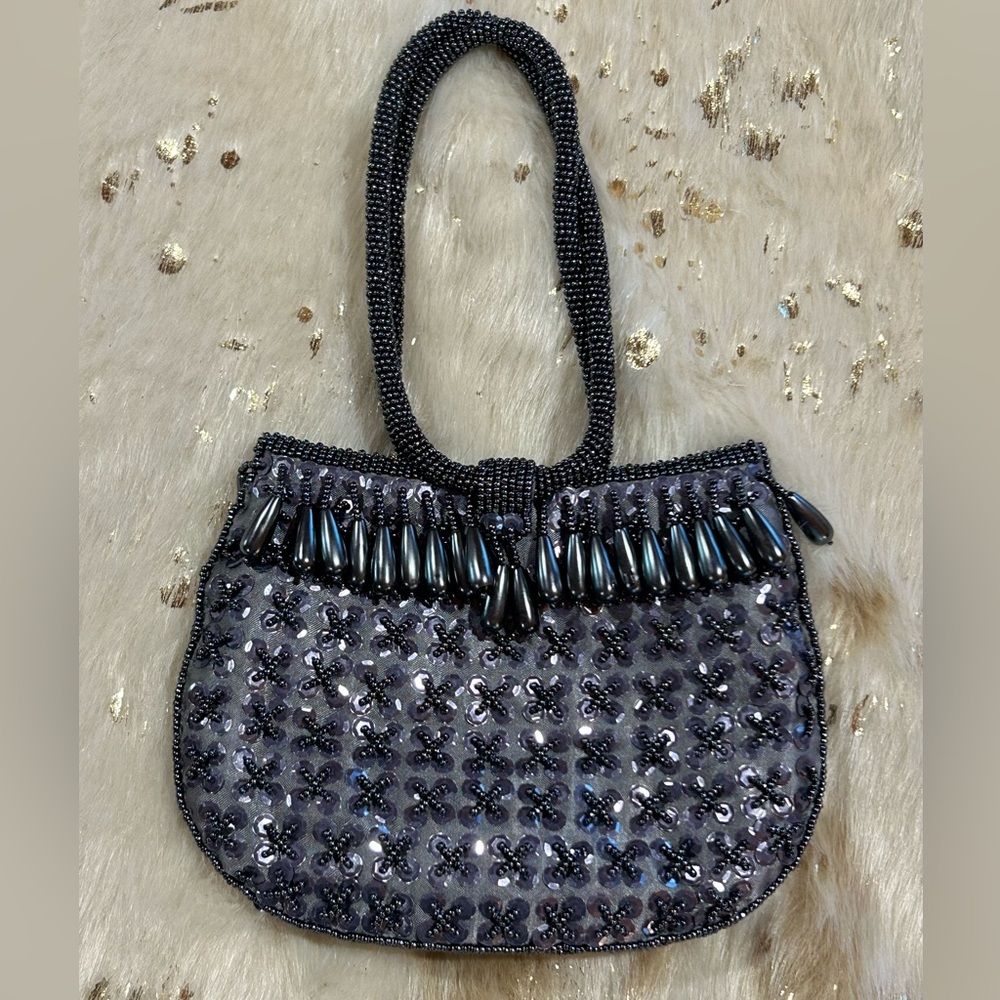 Small pewter grey beaded evening bag